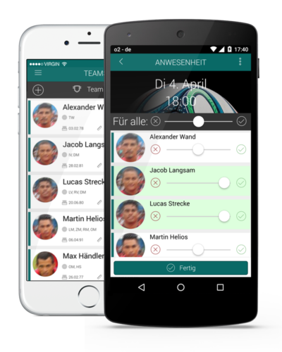 Mannschaftsverwaltung und Anwesenheitsliste für Fußballtraining